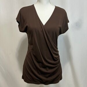 Lauren Ralph Lauren Brown Draped Surplice Short Sleeve Blouse